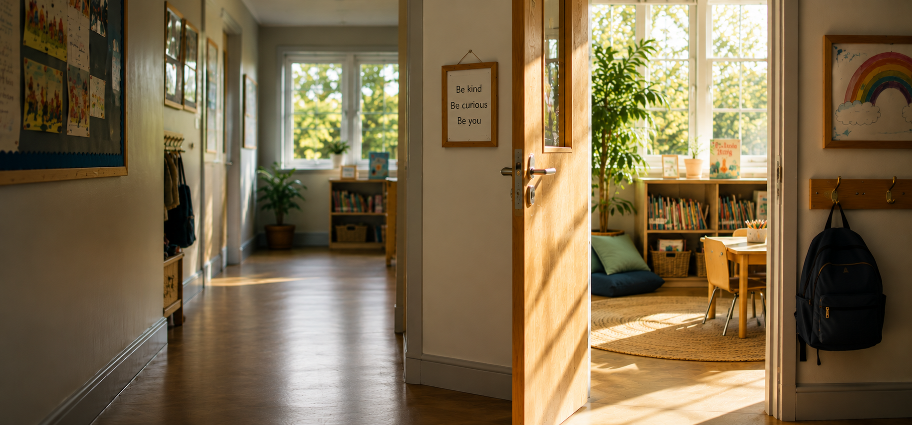 A sunlit primary school corridor with an open classroom door, a reading corner inside, and a sign reading Be kind, be curious, be you.