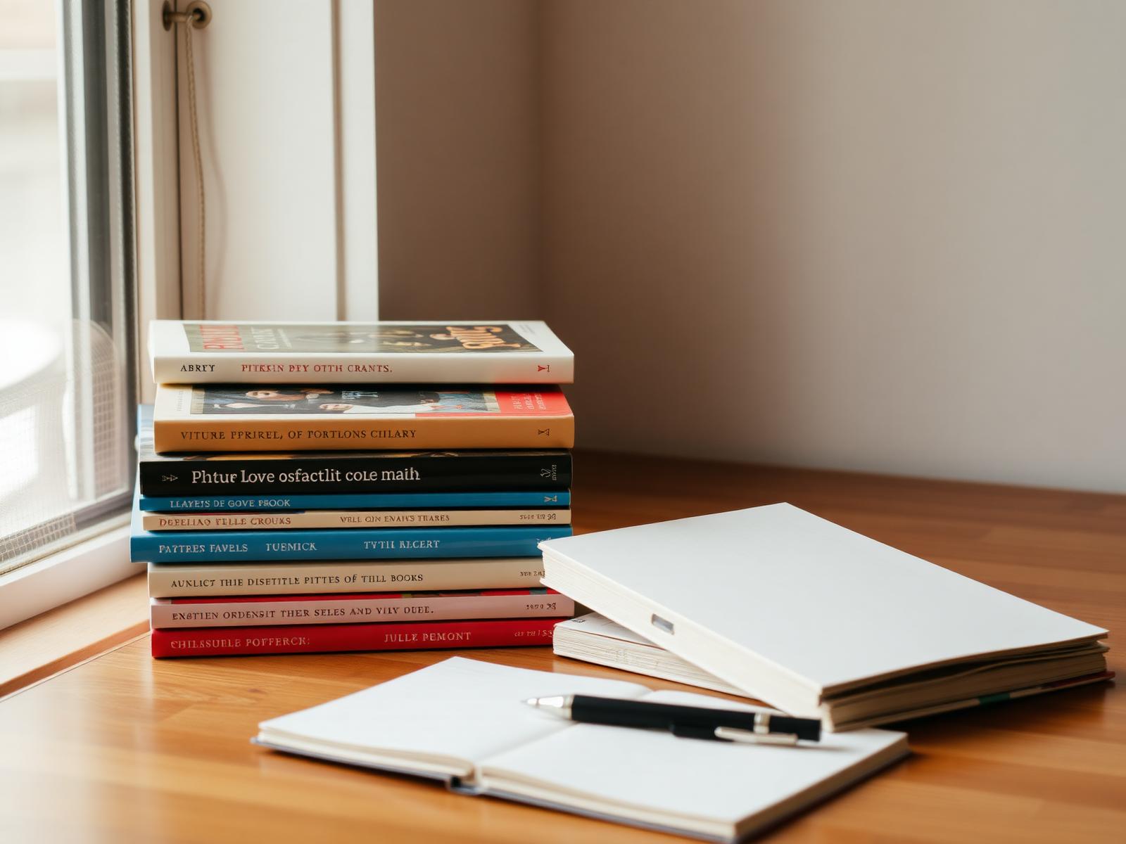 A stack of well-loved picture books beside a small notebook and pen on a wooden desk in soft window light.
