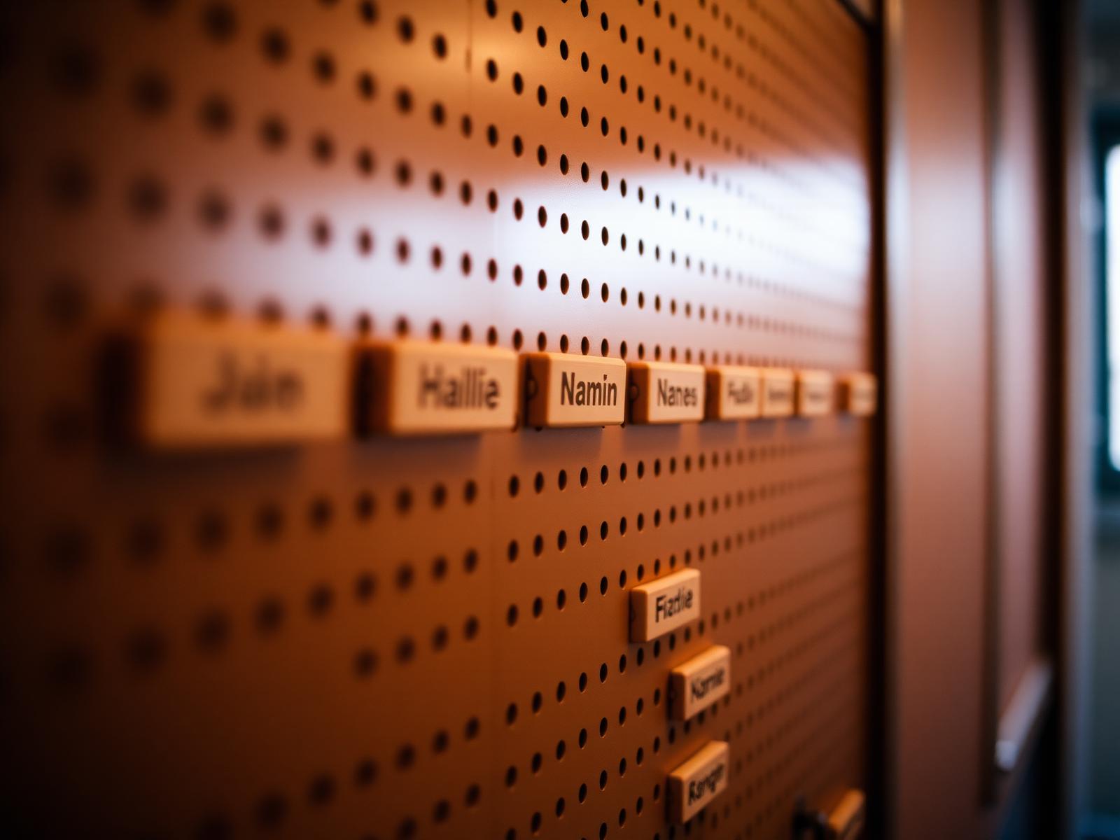 A pegboard on a classroom wall with wooden name tags in warm afternoon light.
